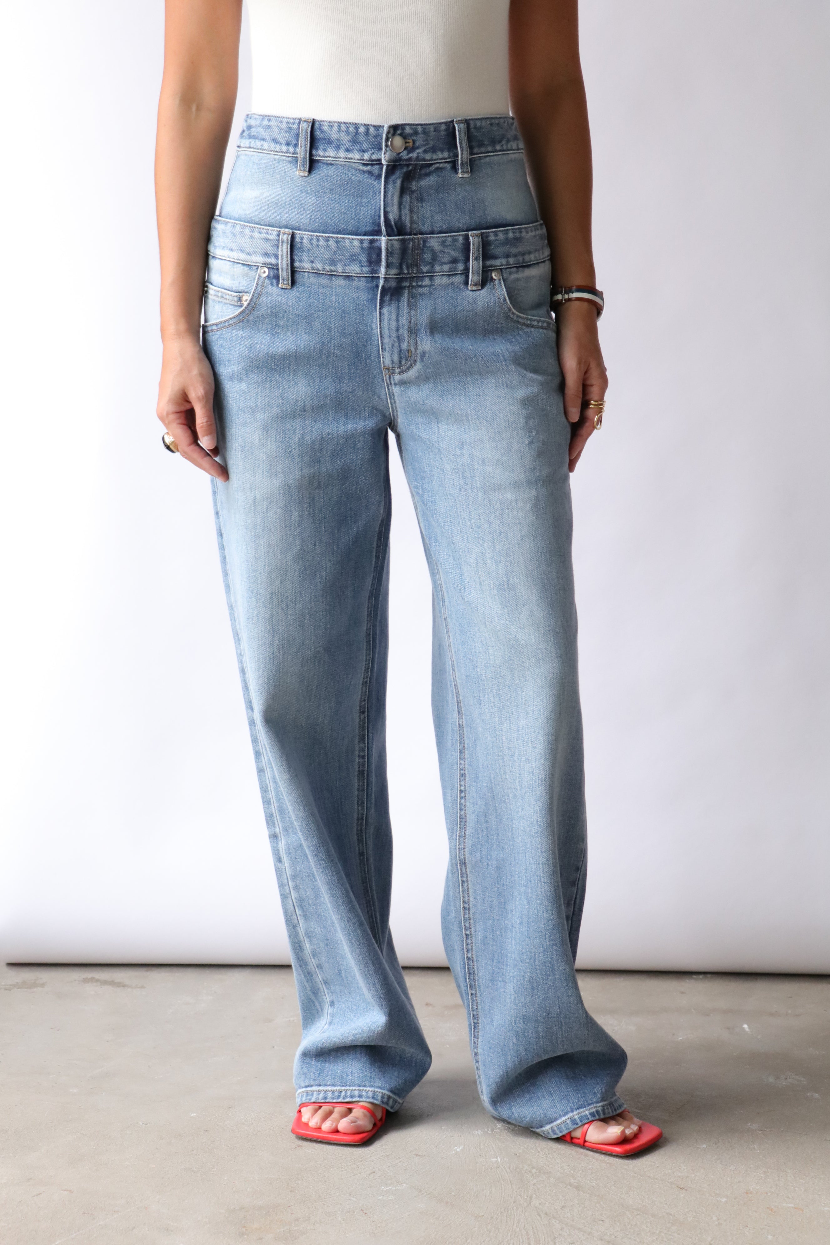 Tibi Classic Wash Denim Double Waisted Slouchy Carpenter Jean