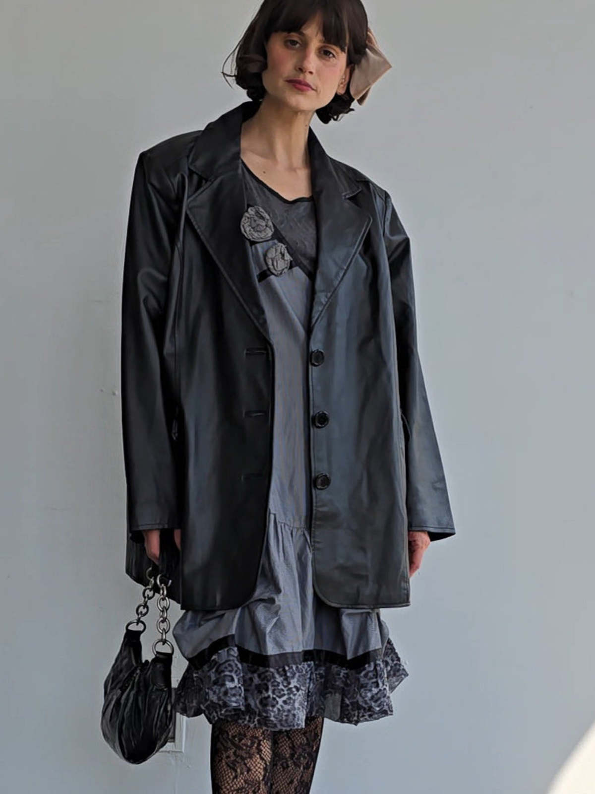 Single-Breasted Belted Blazer with Flared Sleeves - Black main image 1