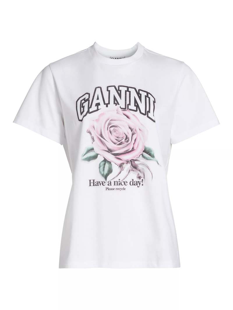 ★Ganni★ Logo Flower Short Sleeve T-Shirt White T3254151 T3 GANNI Flower T-Shirt in Bright White | endource