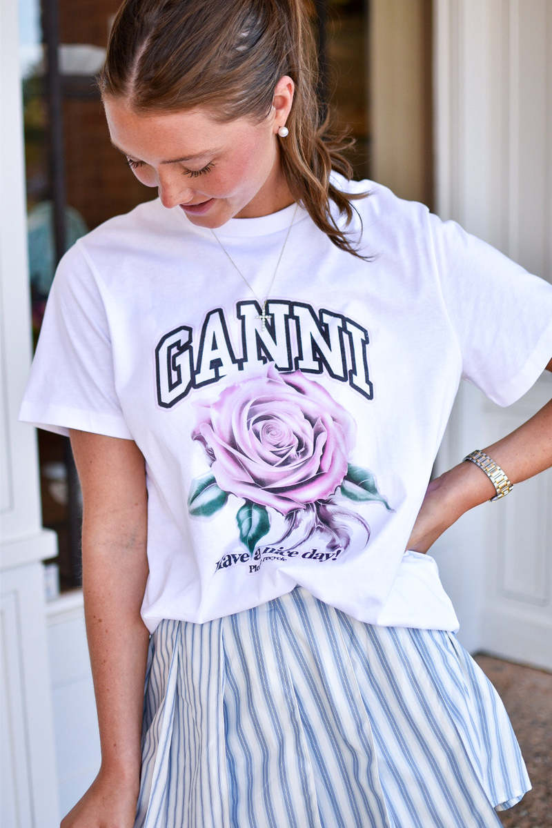 Ganni Rose Print Tee - Bright White | Garmentory