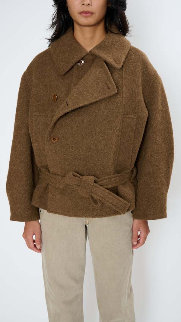 Short Asymmetrical Bathrobe Coat in Brown | Garmentory