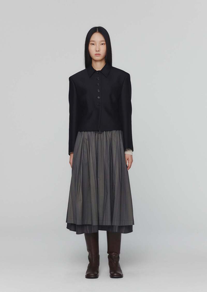 AMOMENTO/アモーメント DETACHABLE SKIRT AMOMENTO Layered Skirt - Grey Stripe | Garmentory