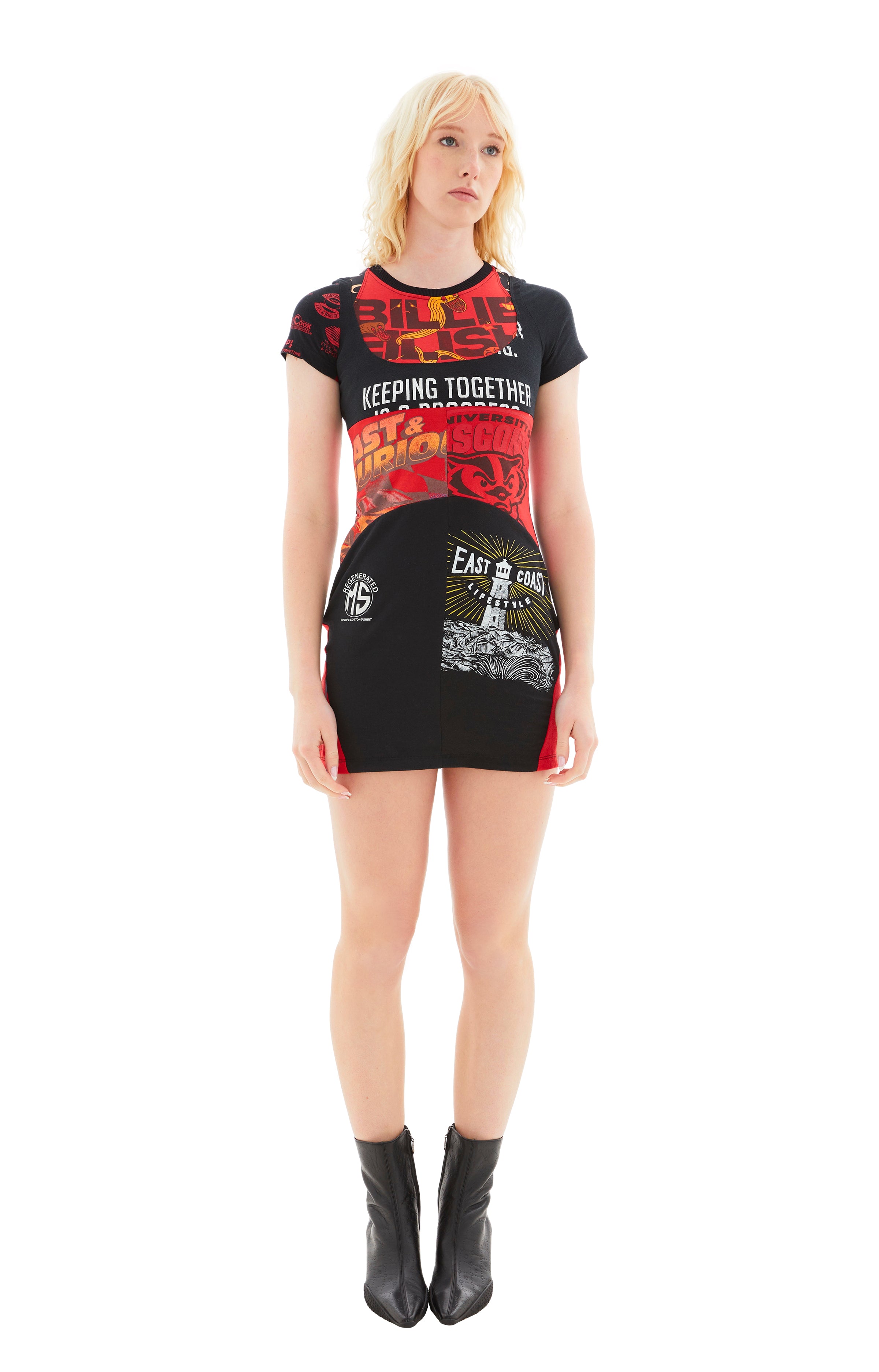 MARINE SERRE ブラック×レッド 半袖 ミニワンピース MARINE SERRE Regenerated Graphic T Shirt Mini Dress - Red | Garmentory