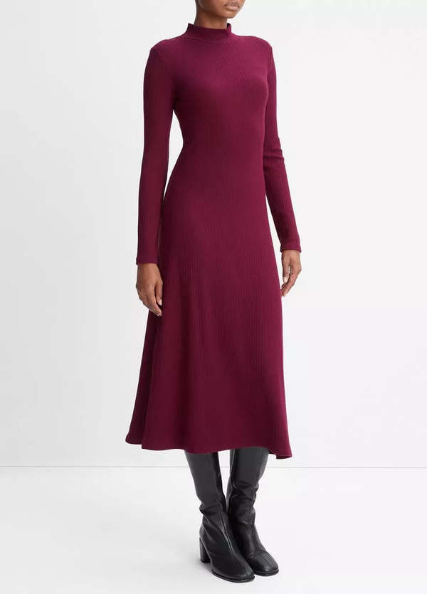 vince long sleeve mock neck dress Vince Cozy Jersey Funnel-Neck Long-Sleeve Dress