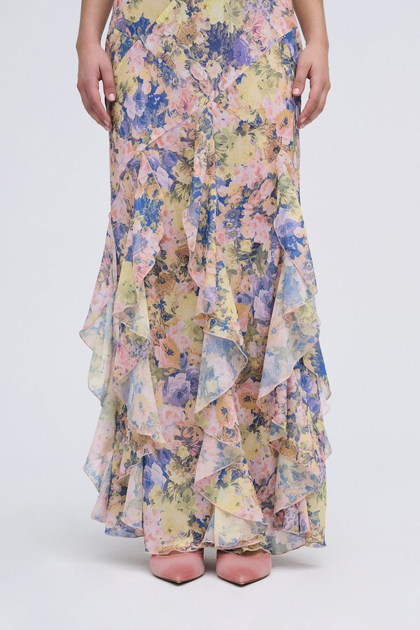 chinese dress ladies for Love & Lemons Elea Floral Ruffle Open Back Maxi Cocktail Dress in Peach at Nordstrom, Size Medium main image 0
