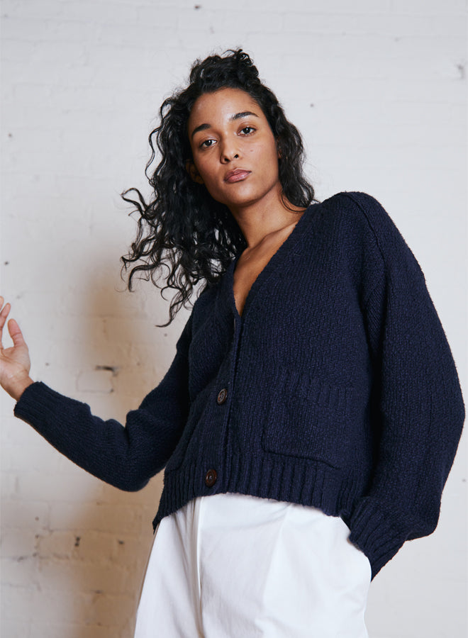 Autumn Cashmere Cropped V Neck Cardigan - Navy | Garmentory