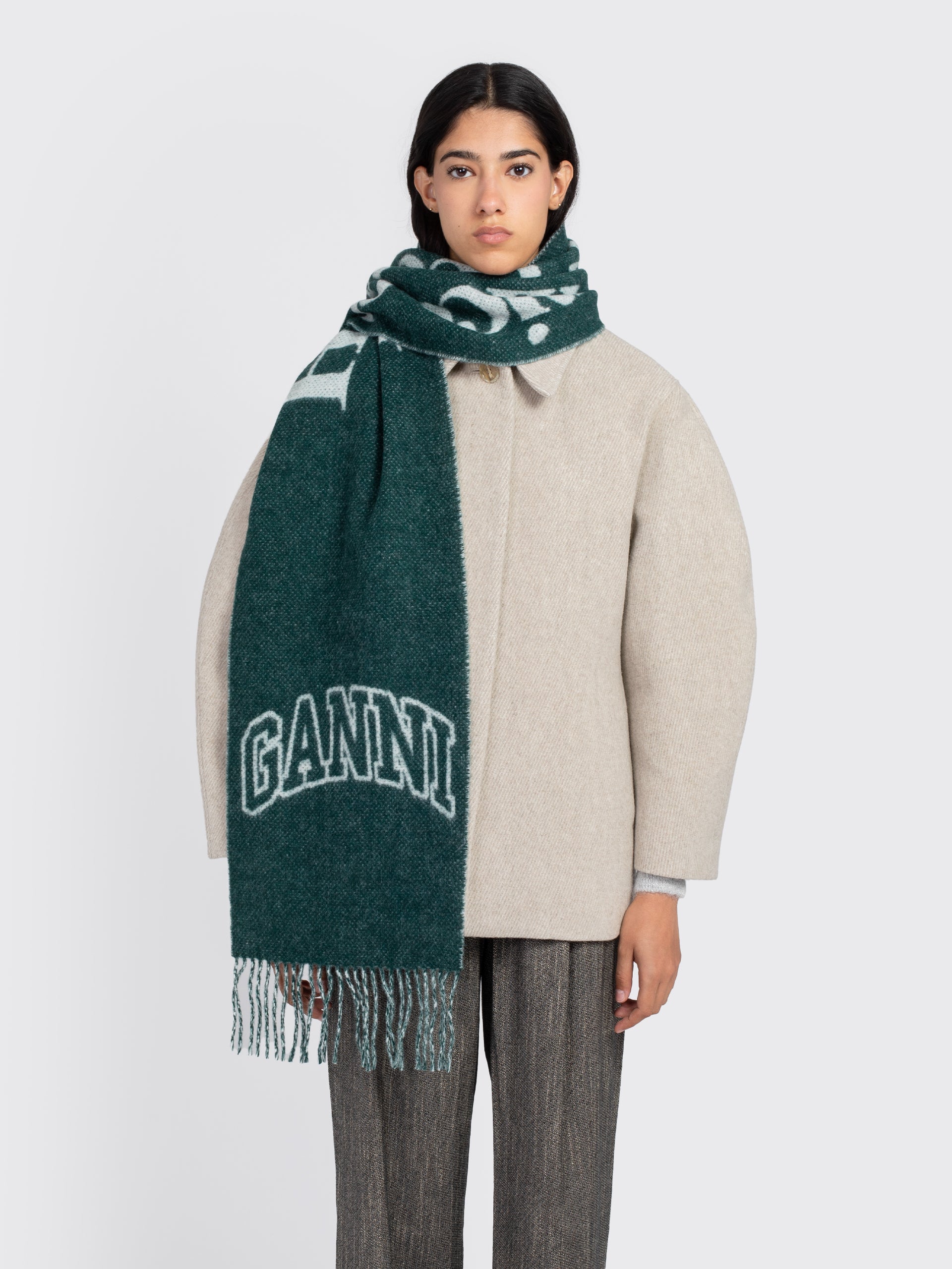 Ganni Narrow Please Recycle Scarf - Forest Night | Garmentory