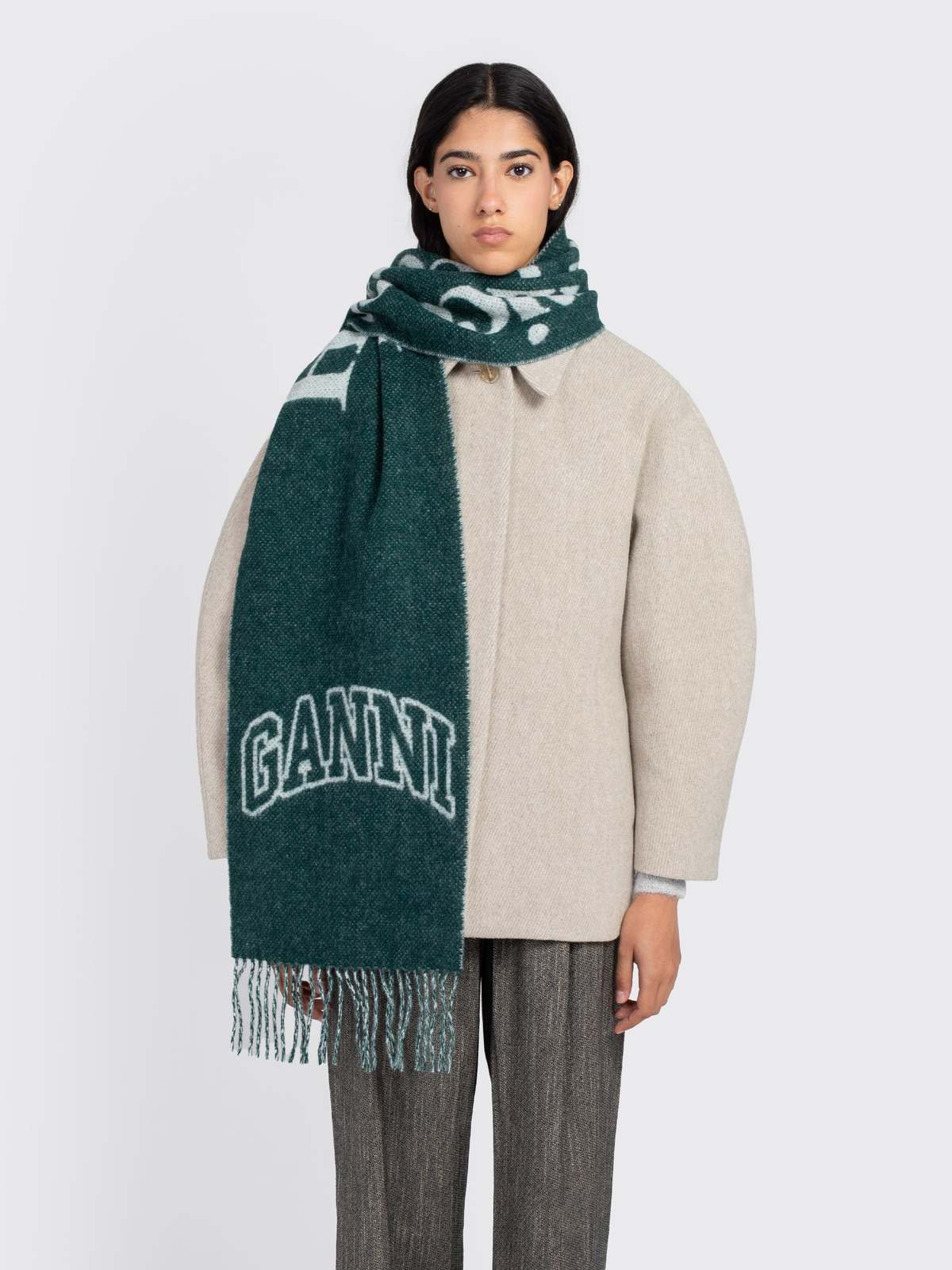 ★Ganni★ 23FW Logo Patch Cable Wool Muffler Ivory A5113 135 Ganni Off-White & Beige Narrow Logo Scarf - Egret | Garmentory