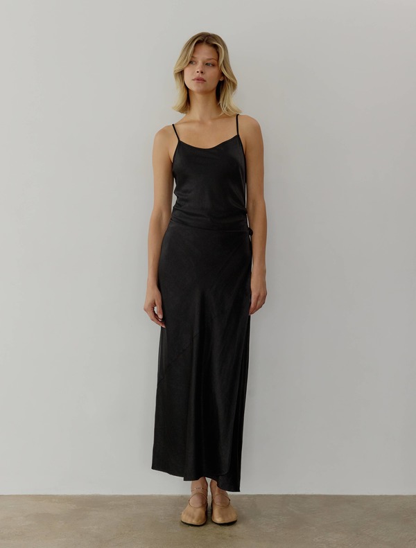 all row Satin Orion Wrap Maxi Dress - Black | Garmentory