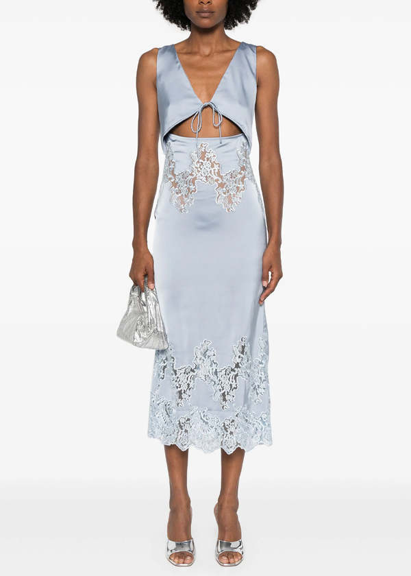 Self-Portrait Satin Lace Insert Midi Dress - Blue | Garmentory Self-Portrait Satin Lace Insert Midi Dress - Blue | Garmentory
