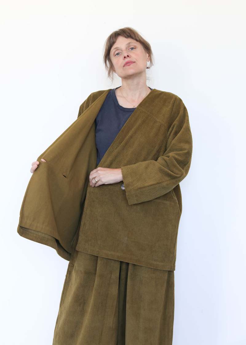 Black Crane Corduroy Geometric Jacket - Dark Olive
