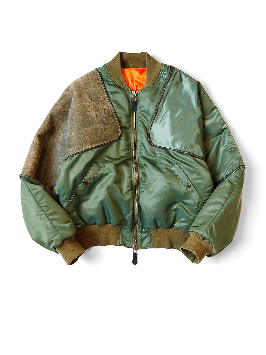 Sham Jacket Kapital MA-1 Nylon x Crack Leather Sham Bomber Jacket - Khaki | Garmentory