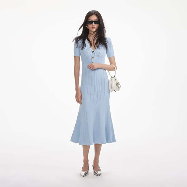 Self-Portrait Pointelle Knit Midi Dress - Blue | Garmentory