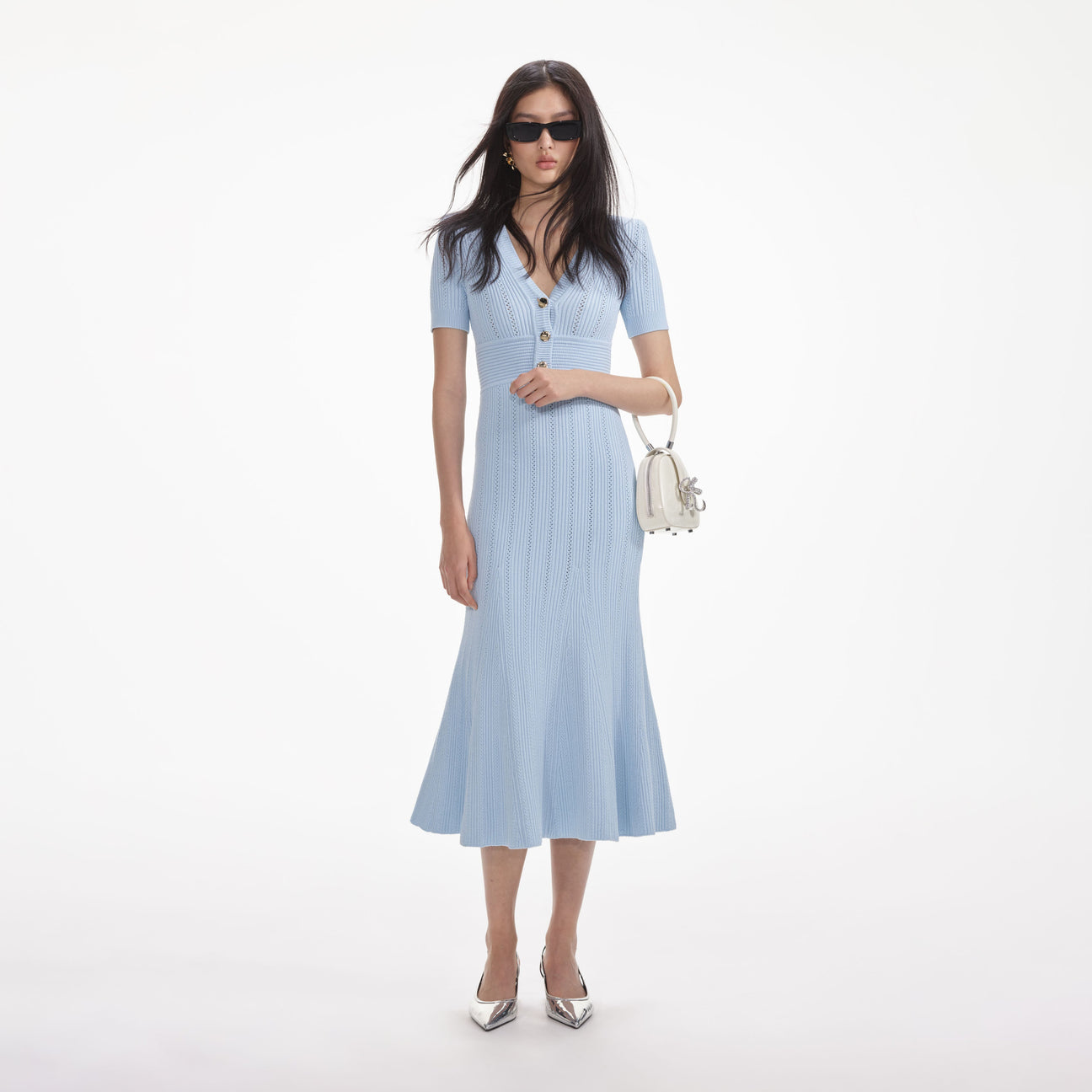 self portrait blue knit dress Self-Portrait Pointelle Midi - this dress flared hem