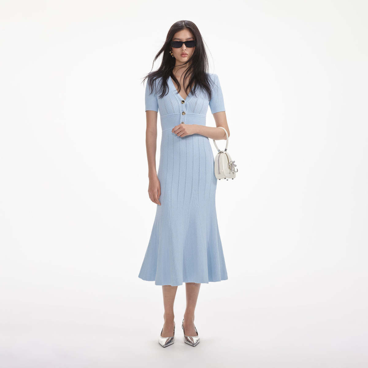 Self-Portrait Pointelle Knit Midi Dress - Blue | Garmentory