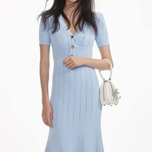 Self-Portrait Pointelle Knit Midi Dress - Blue | Garmentory