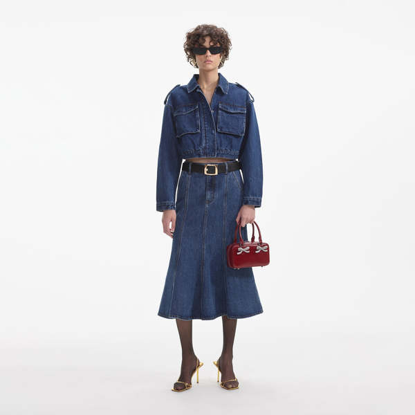 Self-Portrait Flared Midi Skirt - Denim | Garmentory