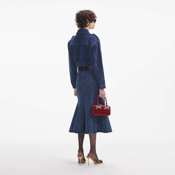 Self-Portrait Flared Midi Skirt - Denim | Garmentory
