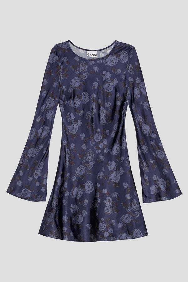 Ganni Printed Satin Mini Dress - Peacoat