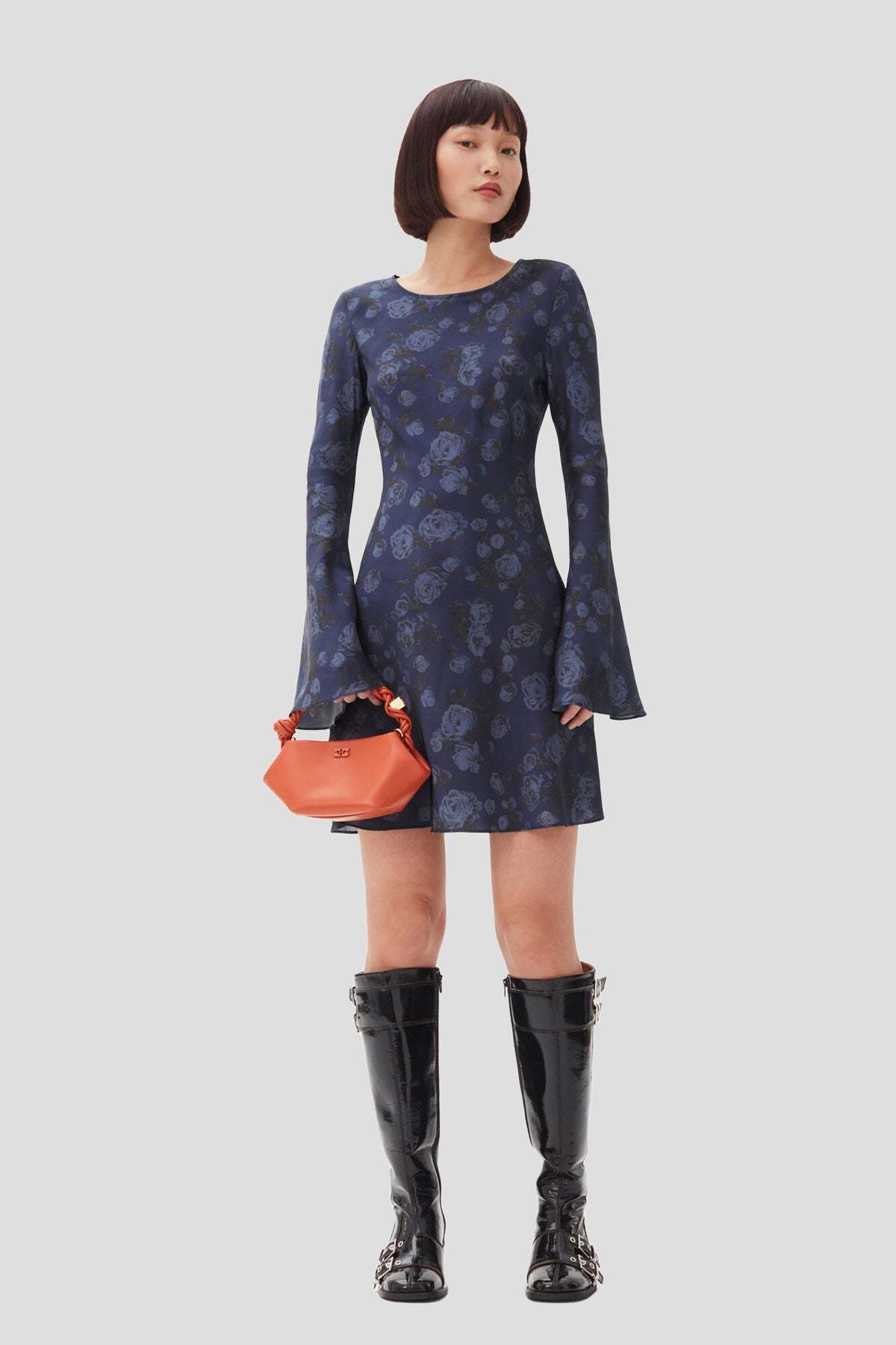 Ganni Printed Satin Mini Dress - Peacoat - Image 2 of 5