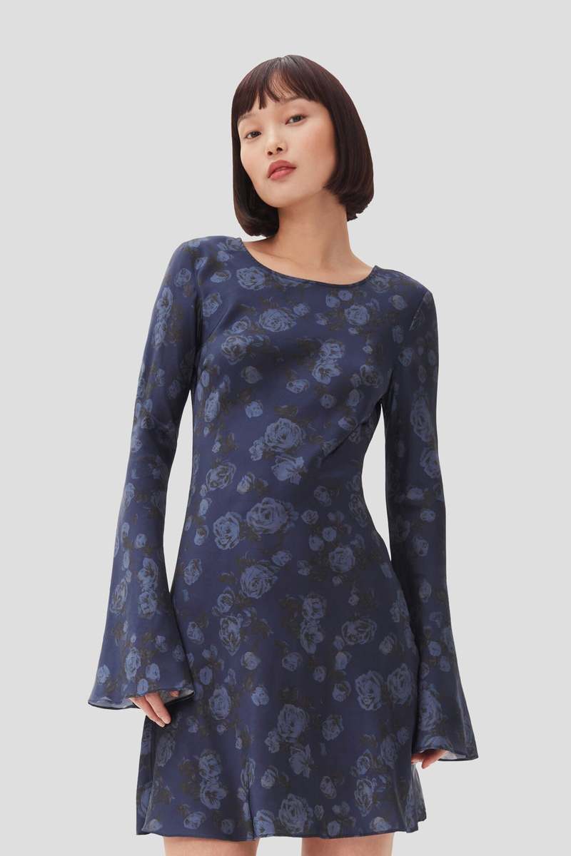 Ganni Printed Satin Mini Dress - Peacoat