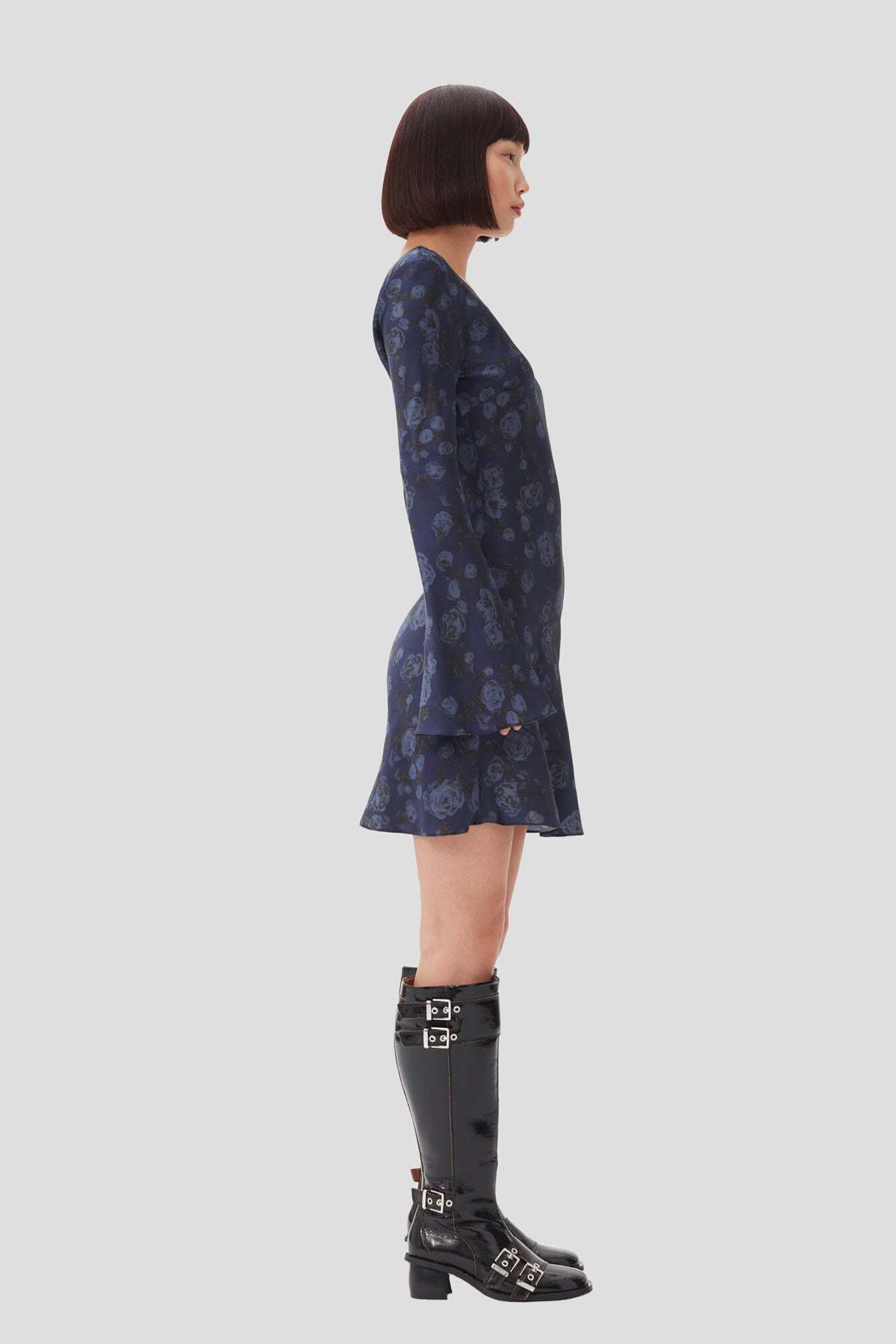 Ganni Printed Satin Mini Dress - Peacoat - Image 4 of 5
