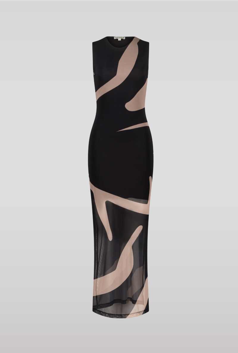 knee length dresses for ladies Sevila Long Sleeve Mini Dress in Mesh Black Abstract Flower Flock , Bodycon main image 1