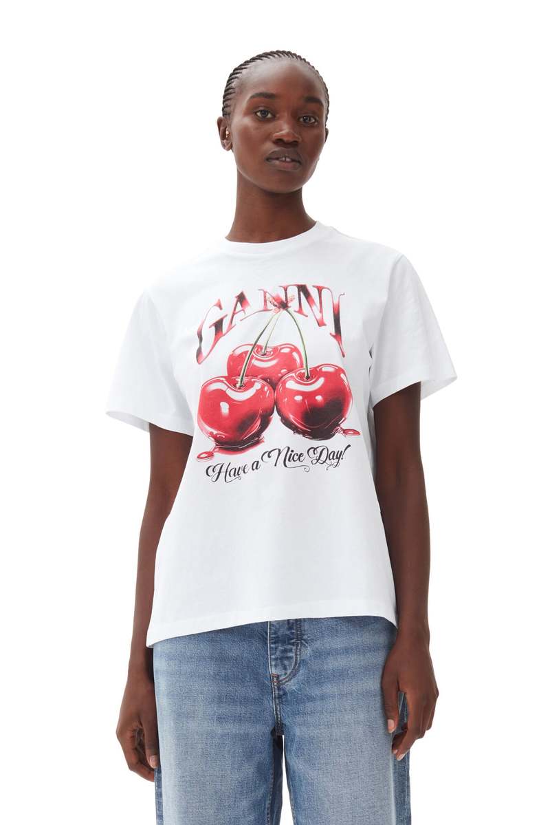 Ganni Basic Jersey Cherry Relaxed T-shirt - White | Garmentory