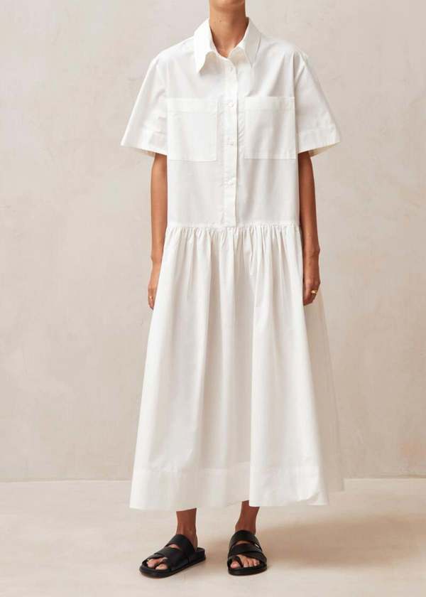 knee length dresses for ladies White Linen Button-Down Midi Dress with Pocket main image 1