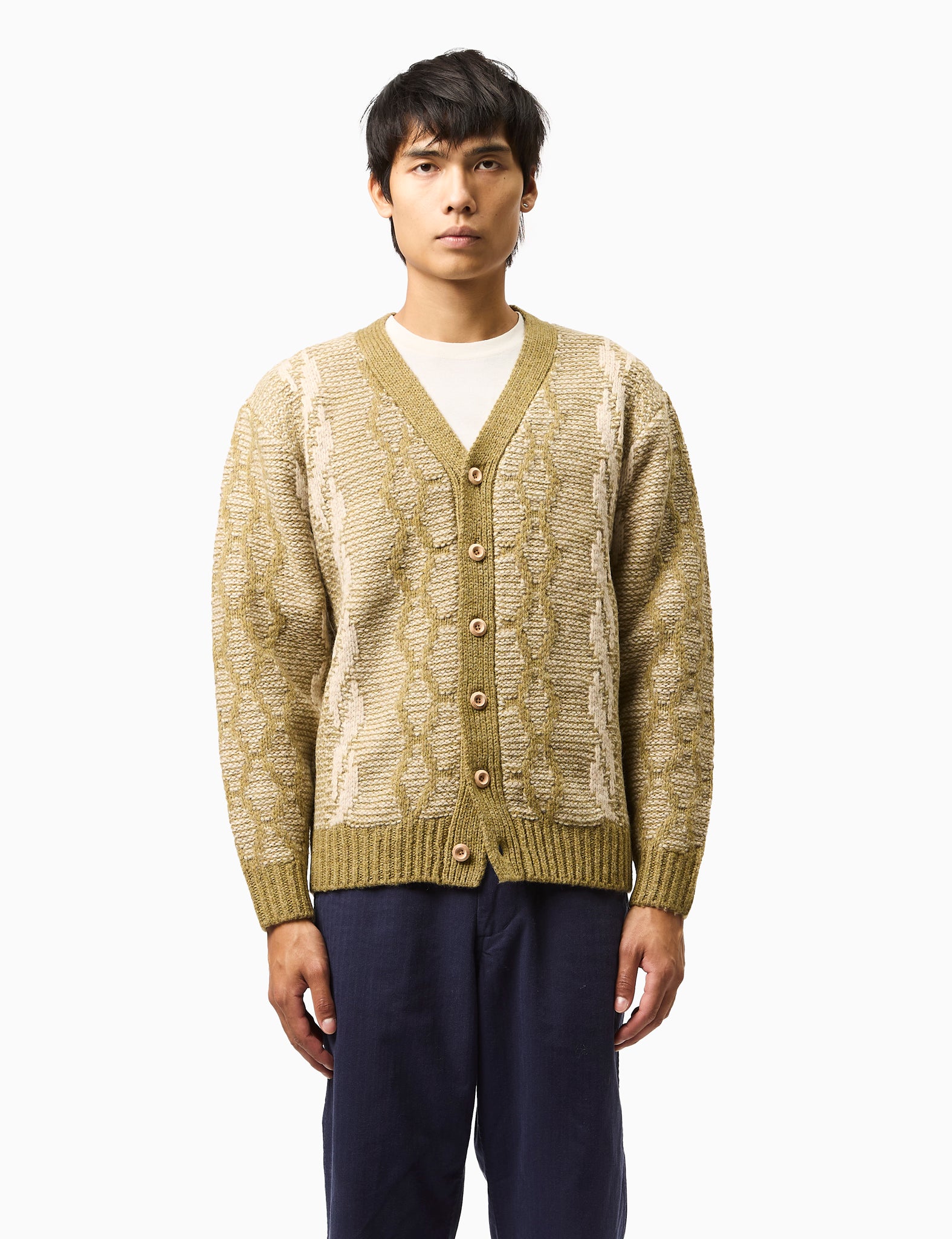 Beams Plus Heavy Cable Cardigan - Olive Green | Garmentory