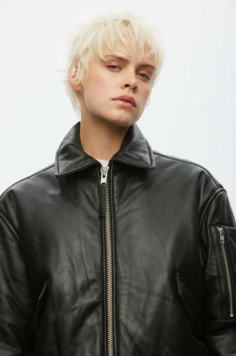 Oval Square Pad Leather Bomber Jacket | Garmentory