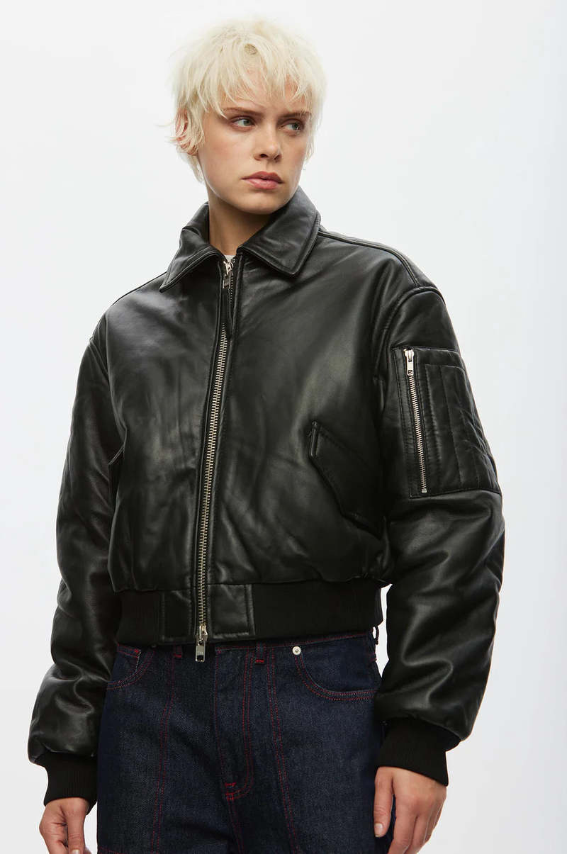Oval Square Pad Leather Bomber Jacket | Garmentory