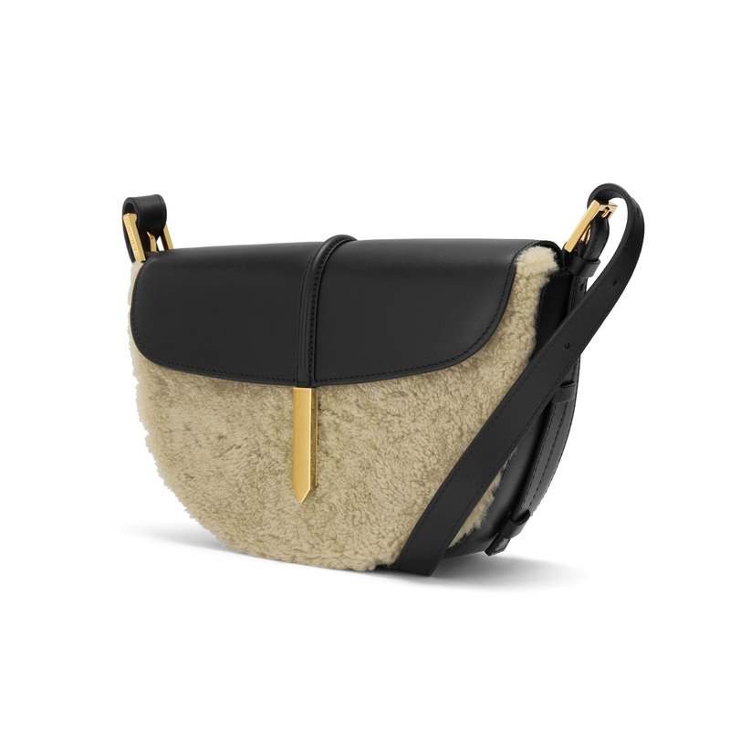 DeMellier The Tokyo Saddle Shearling Smooth Leather Bag Beige/Black
