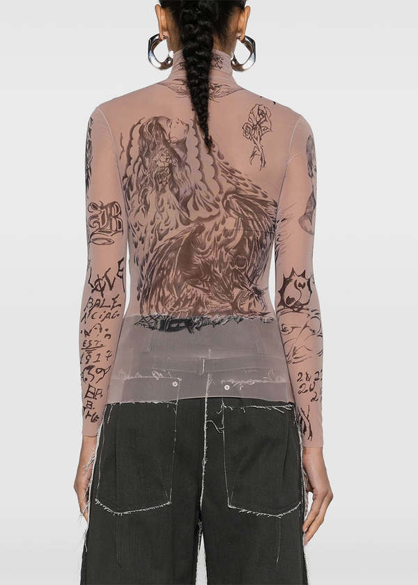 Balenciaga Tattoo-Print Mesh Top - LIGHT BEIGE | Garmentory