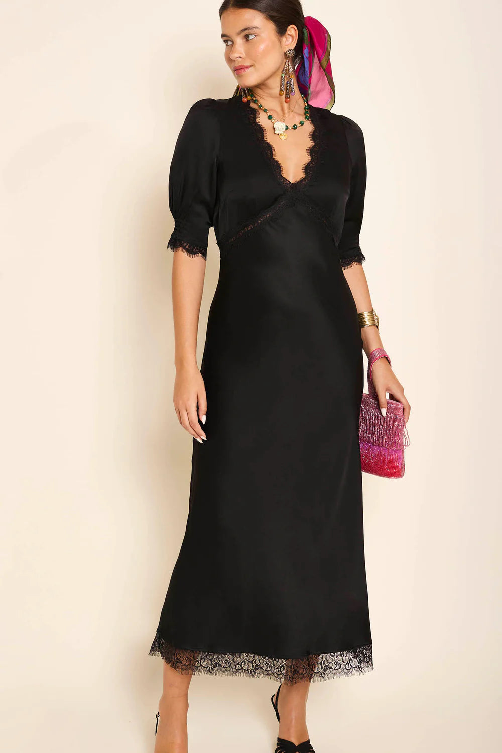 knee length dresses for ladies Annina Satin Midi Dress in Black
