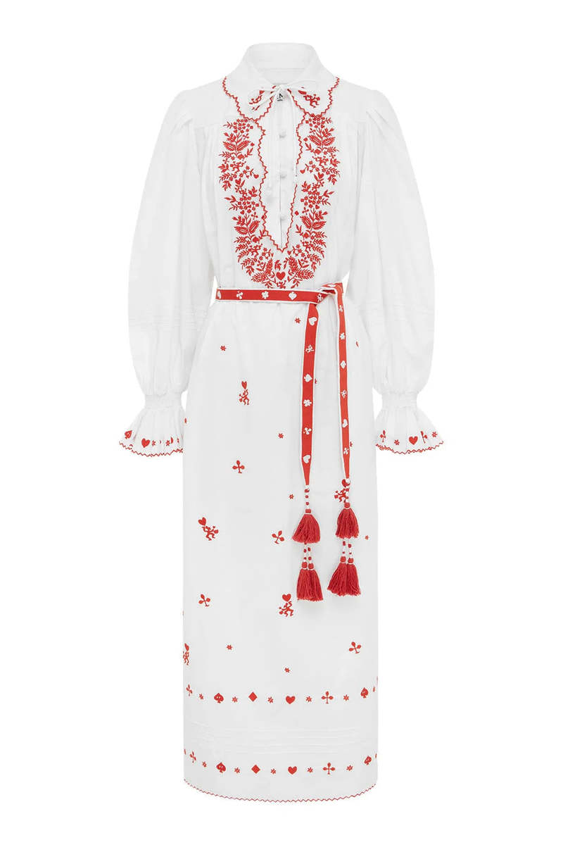 alemais white embroidered midi dress ALEMAIS Rosa Floral-Embroidered Tiered Midi Dress White Cotton Size 10