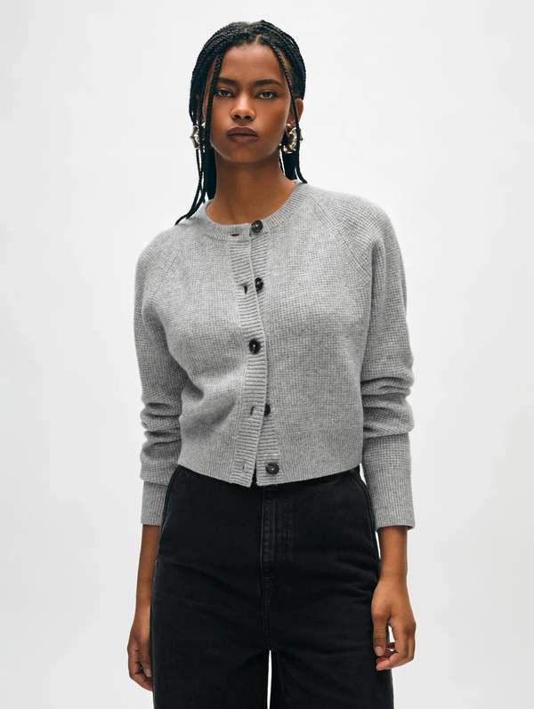 White Warren Cashmere Waffle Cardigan Grey Heather on Garmentory