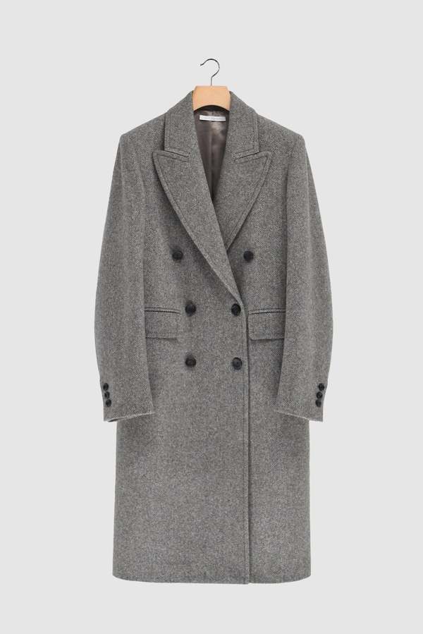 CAMERON - Double-Breasted Wool Coat in Dark Brown Herringbone