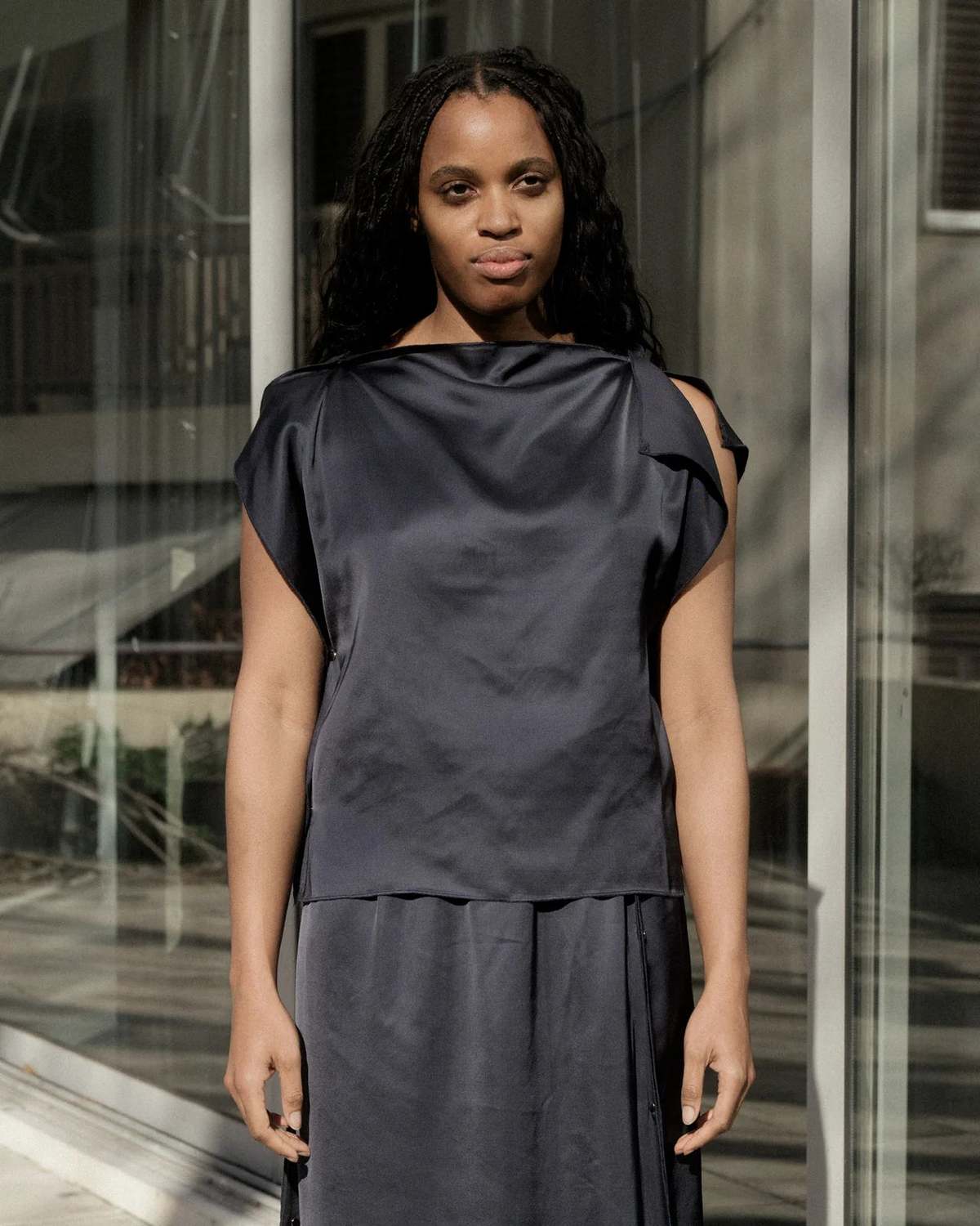 トップス Baserange clavo dress XS Clavo Dress in Blue Black | Ecovero satin | en | Baserange
