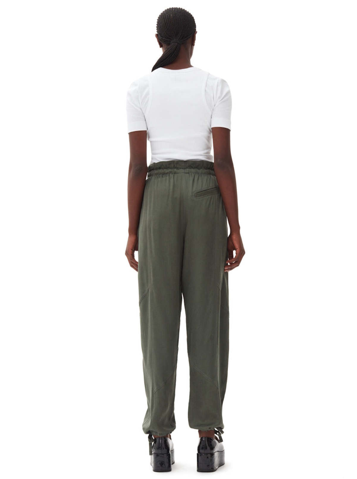 GANNI / ボトム/34/レーヨン/NVY/無地/F8480/Washed Twill Satin Pants Ganni Washed Satin Elasticated Waist Pants - Climbing Ivy | Garmentory
