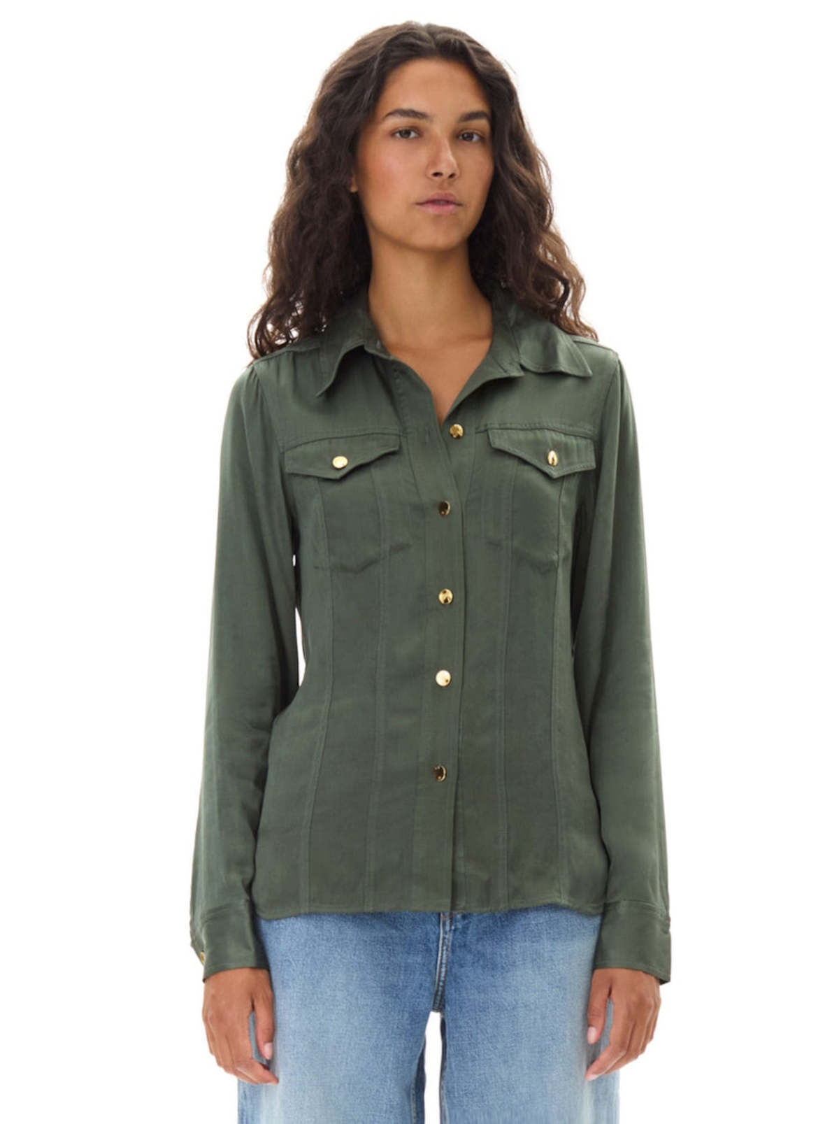 Ganni Washed Satin Shirt - Climbing Ivy | Garmentory