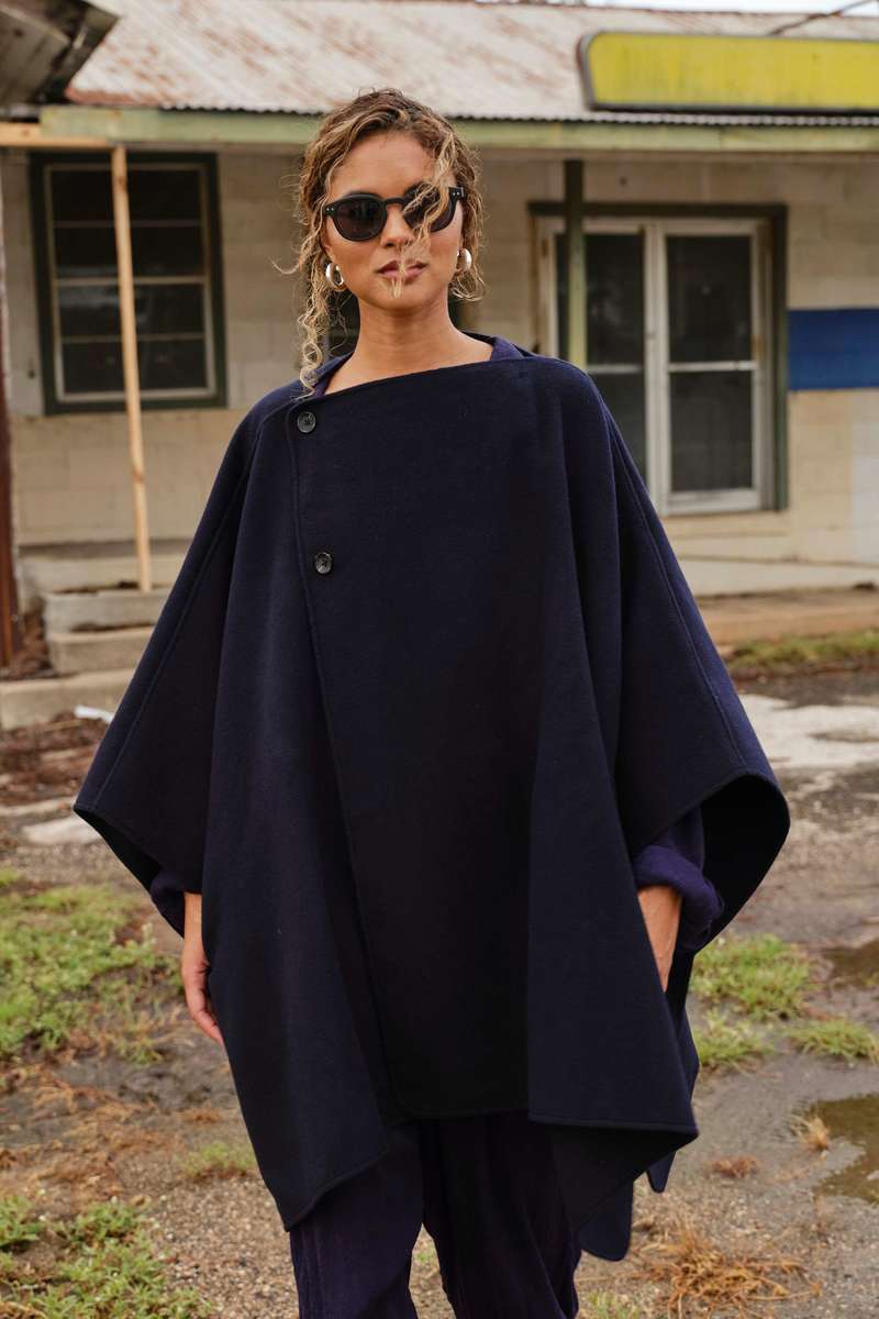 MAMNE Wool Throw on Cape - Navy