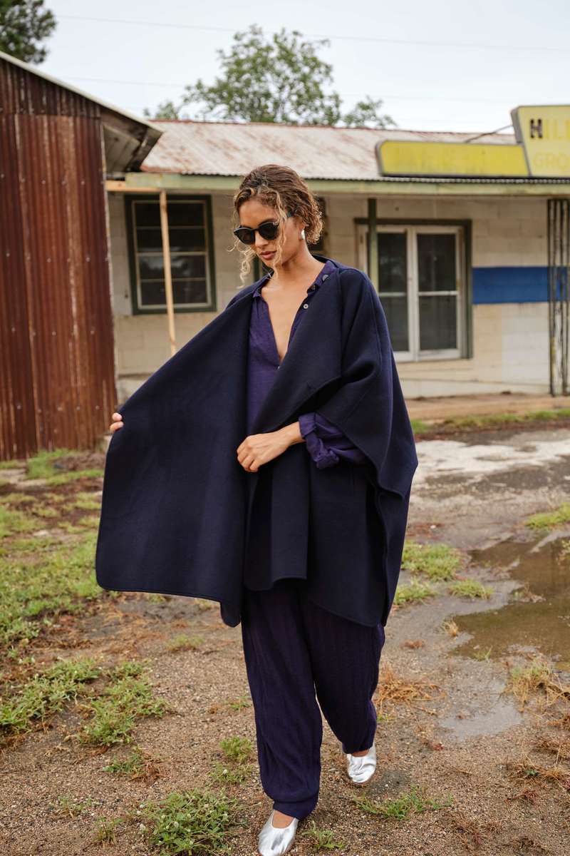 MAMNE Wool Throw on Cape - Navy