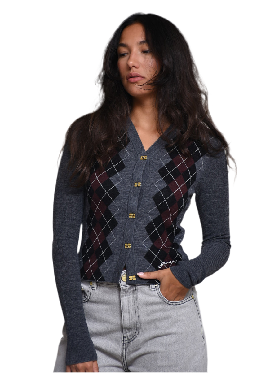 GANNI ガニー カーディガン Fine Merino Jacquard Cardigan K2284 レディース ロゴ アーガイル柄 ニット ウール Vネック 523/Frost-Gray 楽天市場】【8/1～3限定・最大2万円OFFクーポン配布中】GANNI