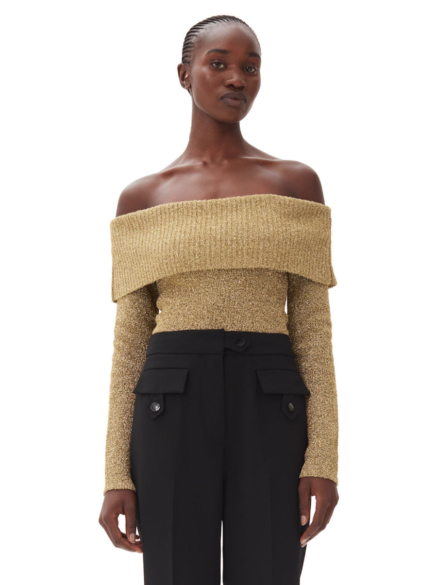 GANNI バルーンスリーブ クロップドトップ Ganni Olive Green Pinstripe Crepe Flutter Cuff Blouse Top