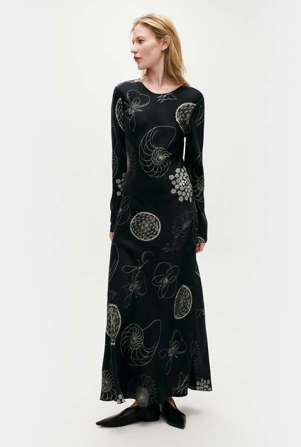 Silk Laundry FULL SLEEVE BIAS DRESS - FIBONACCI BLACK