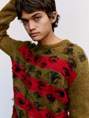 Namacheko Double Layer Intarsia Crewneck - Olive/Red Stripes