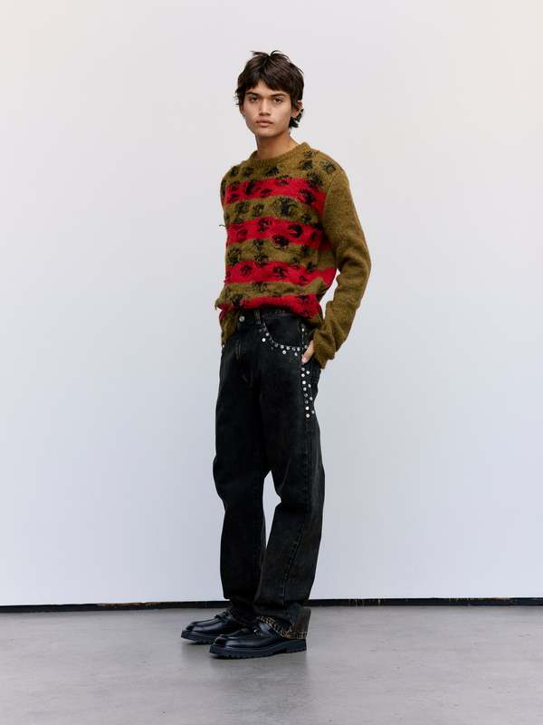 Namacheko Double Layer Intarsia Crewneck - Olive/Red Stripes