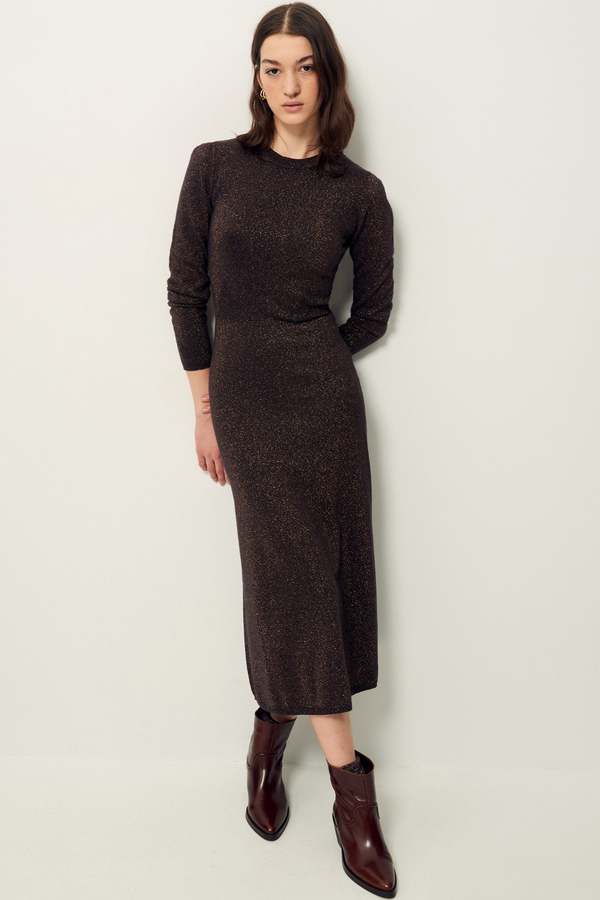 aurora dress brown Acler Auroa Metallic Twist-Front Pleated Midi Dress, Bronze, Women's, 4, Cocktail & Party Wedding Guest Dresses Midi Dresses main image 1