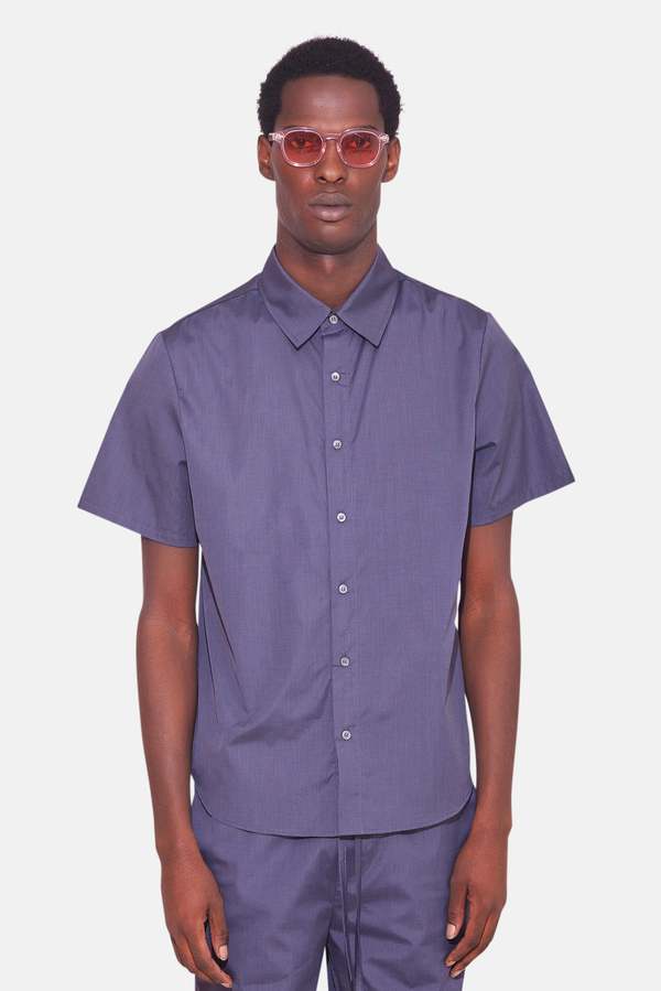 Blue&Cream Poplin Short Sleeve Buttondown - Charcoal Micro Stripe